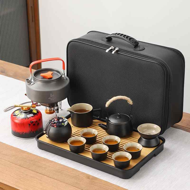 茶器 アウトドア 旅行用 ティーセット 携帯式 囲炉裏 煮茶 湯沸かし 陶瓷 新中式 黒 ブラック ブルー