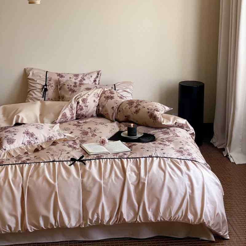 布団カバー セット ベッド用品 100S長綿 ベッドシーツ 4点セット フリル付き ヨーロピアン レトロ調 プリント柄 全綿 活性染料