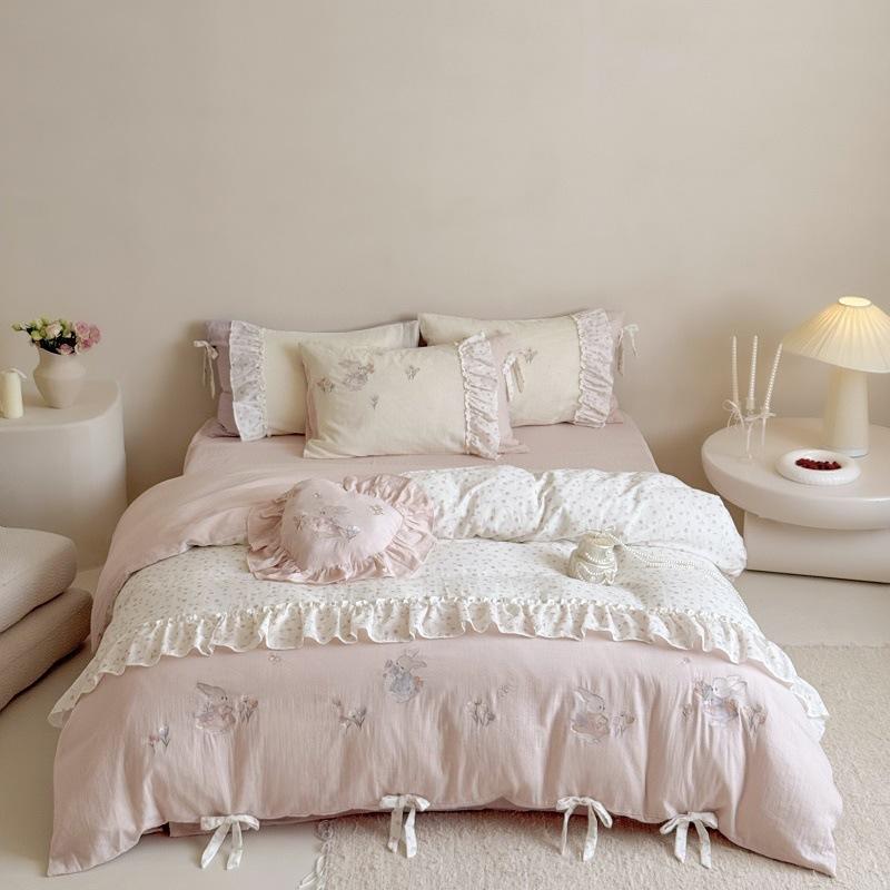 ベッド用品 レディース 全綿 プリンセス風 花柄 刺繍 寝具 4点セット：掛け布団カバー ベッドシーツ 枕..