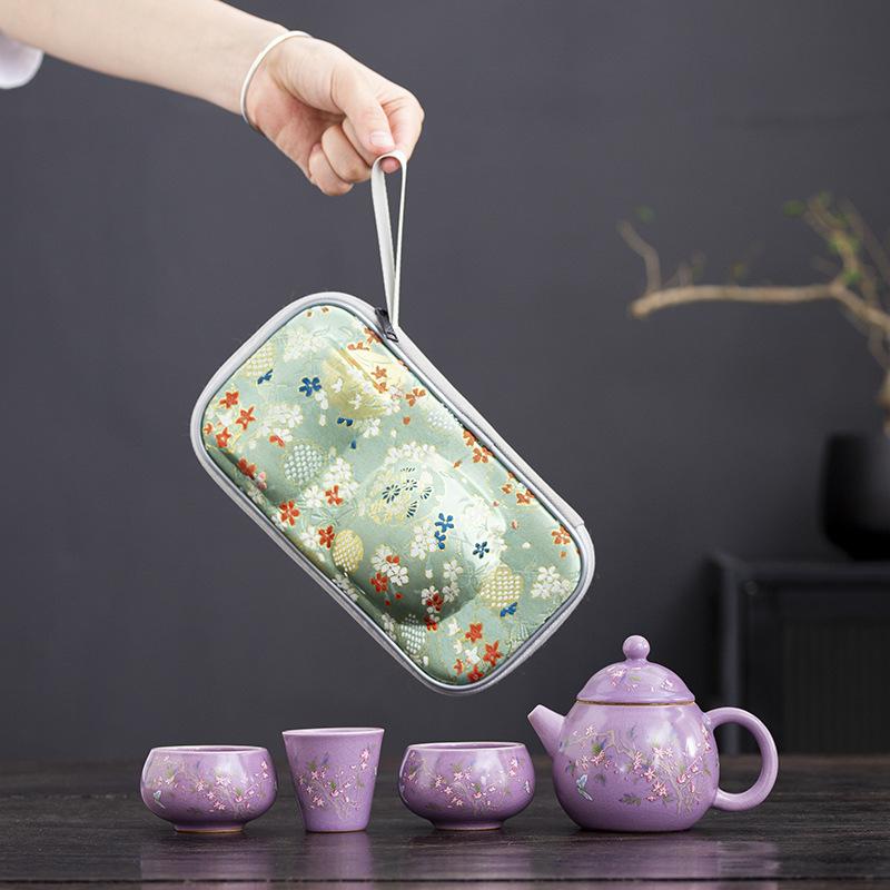 茶器セット レディース 携帯用 急須 湯呑み 2客 紫色 汝窑 陶瓷 ティーセット 茶道具 軽量 陶器 蓋碗 コンパクト アウトドア 旅行 普段使い
