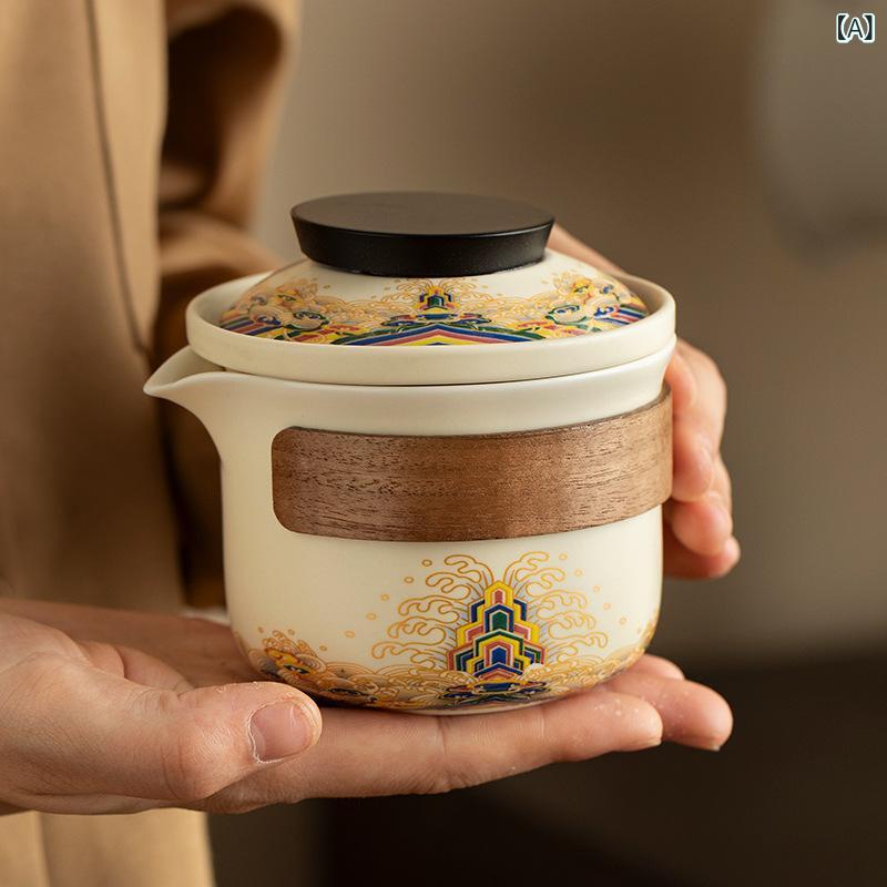 シャドーテールの茶器セット 旅行用 ポータブル 陶瓷 ティーセット 急須 湯呑み 海水江崖柄 新中式｜アングル2