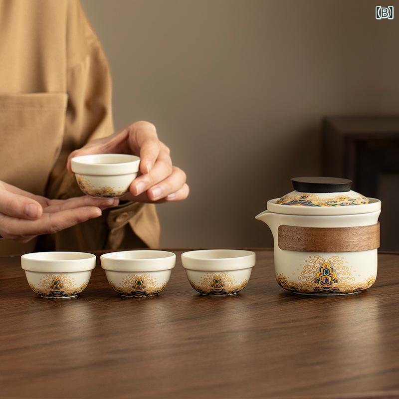 シャドーテールの茶器セット 旅行用 ポータブル 陶瓷 ティーセット 急須 湯呑み 海水江崖柄 新中式｜アングル3