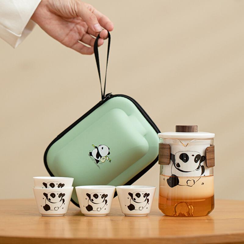 茶器 携帯用茶器セット 陶器 熊猫 パンダ柄 旅行用 出張用 かわいい 快客杯