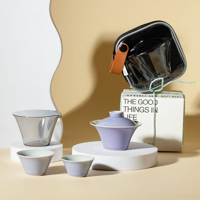 Rakuten - 茶器 携帯用茶器セット 陶器 リンゴグリーン 越窯青磁 浅豆レッド 木槿パープル 日本風 シンプル 功夫茶