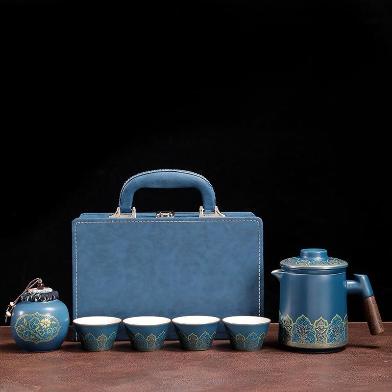 茶器 携帯用 茶器セット 陶瓷 功夫茶 茶具 4客 湯呑 贈り物 ギフト 記念品 徳化 陶器 ブルー ブラック グリーン(4)