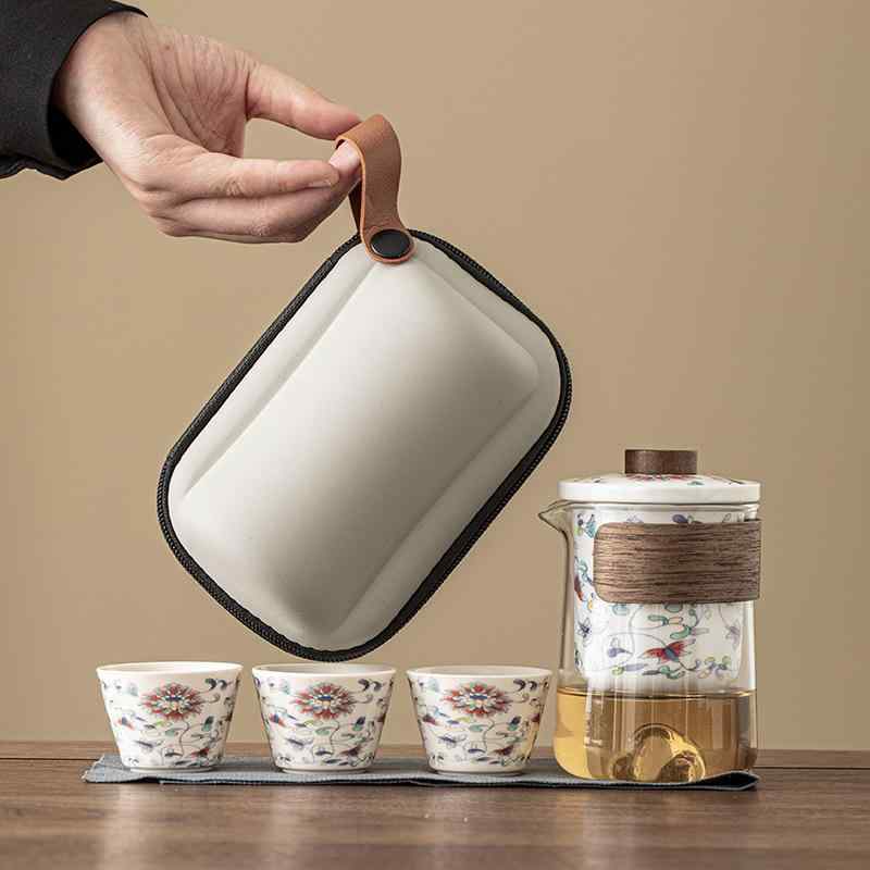 茶器 レディース 旅行茶具 ティーセット 手提げ収納バッグ付き 紅茶 磁器 陶器 急須 湯呑み 3客 セット..