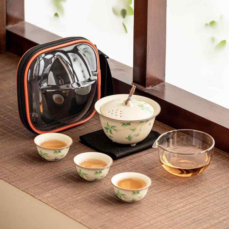 茶器 米黄金桂 蓋碗茶碗 携帯式 茶具セット 陶器 ティーセット アウトドア 旅行 蓋碗 湯呑(4.0)