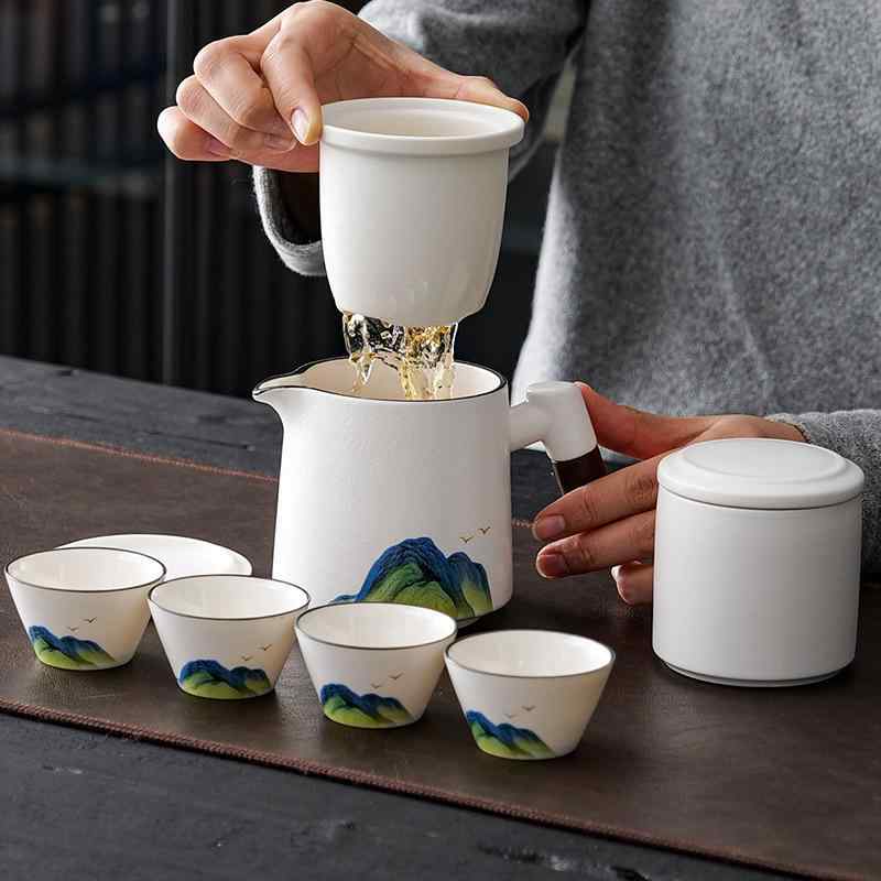 茶器 アウトドア 携帯型 旅行 功夫茶 セット 陶瓷 茶器セット 急須 湯呑み 収納ケース付き ギフト ホワイト系 ブラウン系 オレンジ系