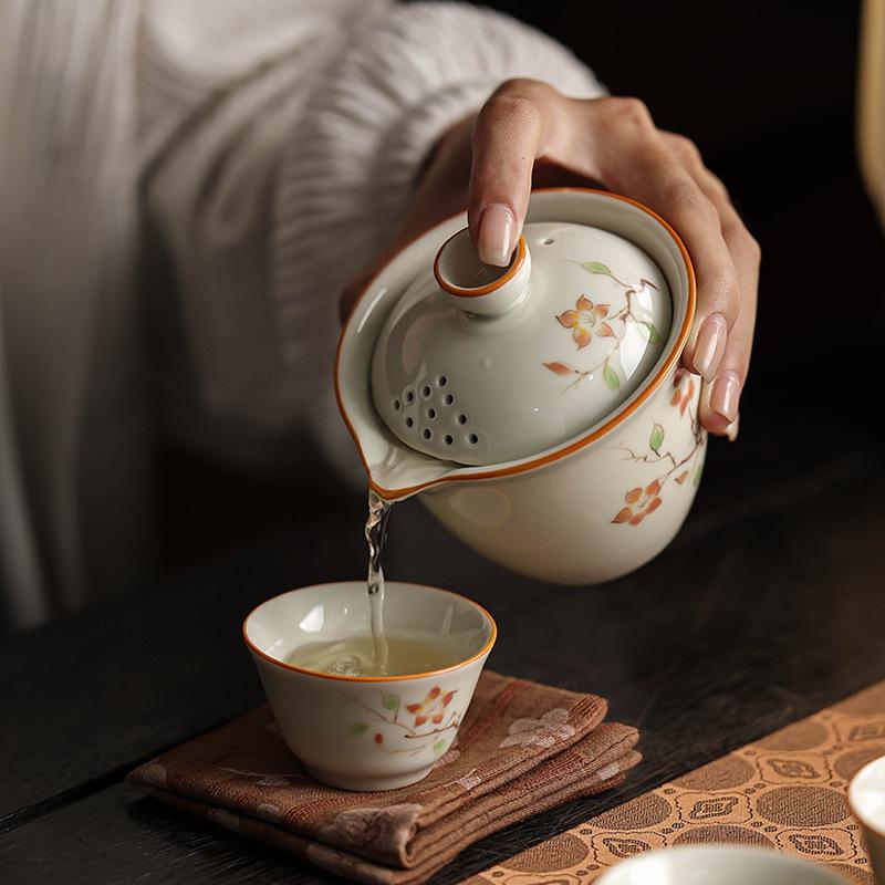 茶器 携帯用 功夫茶器セット 陶器 高見え 手描き 富貴紫 活力オレンジ 蘭 花 枇杷