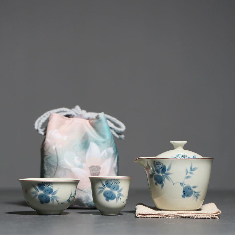 茶器セット 携帯用 新中式 手描き 石榴柄 ティーセット 収納袋付き 陶器 急須 湯呑み ミニ コンパクト アウトドア キャンプ