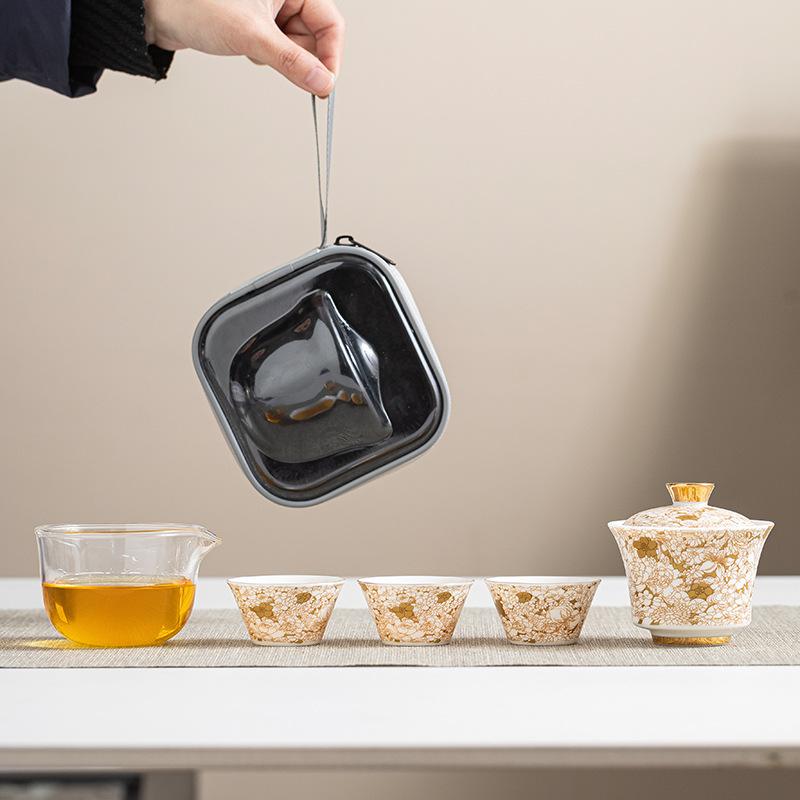 茶器セット レディース メンズ 携帯用 旅行用 陶瓷 蓋碗 3点セット 花柄 風景柄 ギフト プレゼント