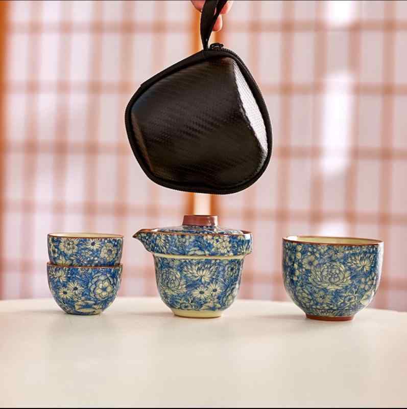 茶器 竹節 旅行用 携帯型 収納 セット 汝窑 陶瓷 ティーポット カップ 3客 湯呑み