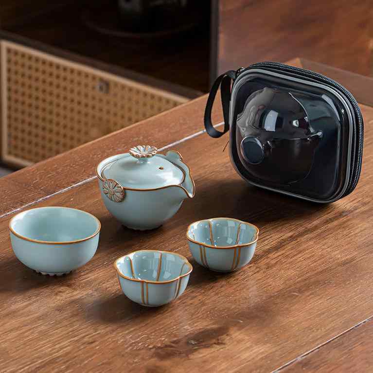 茶器セット 高級感 汝窑 ティーポット 茶器 携帯用 찻잔 セラミック 旅行 記念品 ギフト 天青色 米黄色