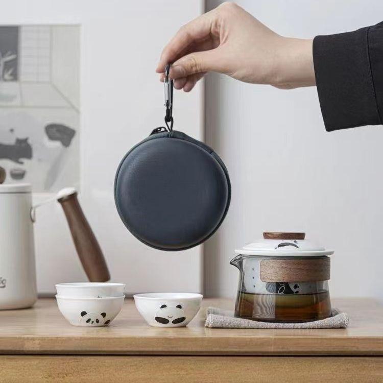 茶器セット 携帯用 茶器 陶器 熊猫 パンダ 手描き 急須 湯呑み 3点セット 和風 新中式