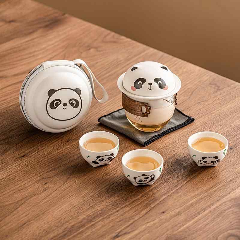 茶器セット レディース パンダ柄 携帯式 ガラス製 陶器 急須 湯呑み 3客 アウトドア キャンプ 旅行 収納バッグ付き
