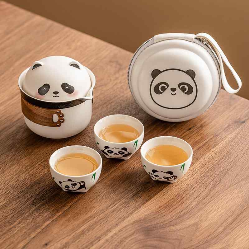 茶器 アウトドア 旅行 携帯用 茶具 セット 陶器 ティーポット 湯呑み 収納バッグ付き 一壺三杯