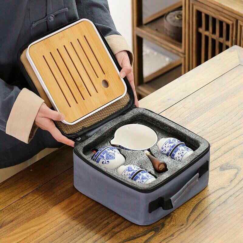 茶器 陶器製 旅行用 ティーセット 携帯式 急須 湯呑み セット 茶盤付き レトロ 青花 典雅 艶紅 雅緑 雅蘭 雅黒 竹編 軍緑 上陶 柴焼 亮橙 天青 黄龍 シンプル