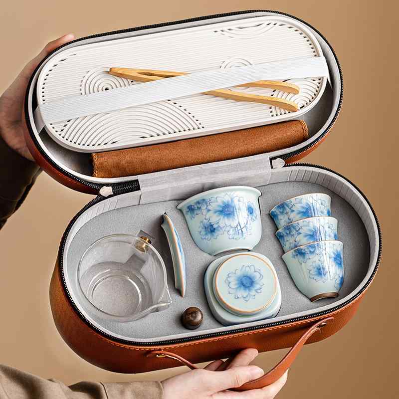 茶器 陶器 ティーセット ポット カップ 収納バッグ付き 露營 携帯用 旅行用 青花 中華風