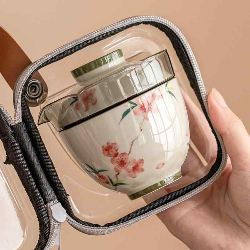 茶器 携帯用茶器セット 陶器 桃花柄 手描き 一人用 湯呑み 2客 急須 アウトドア