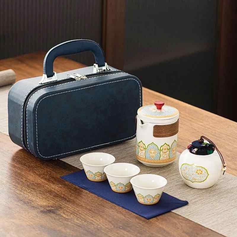 茶器 携帯用 茶器セット 陶瓷 ティーポット 湯呑み 3点セット 茶葉入れ 収納ケース付き アウトドア 旅行用