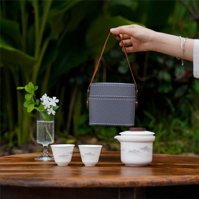 茶器セット 携帯用 旅行用 陶瓷 蓋碗 1壶 2客 简约风格 誕生日 記念品 贈答品