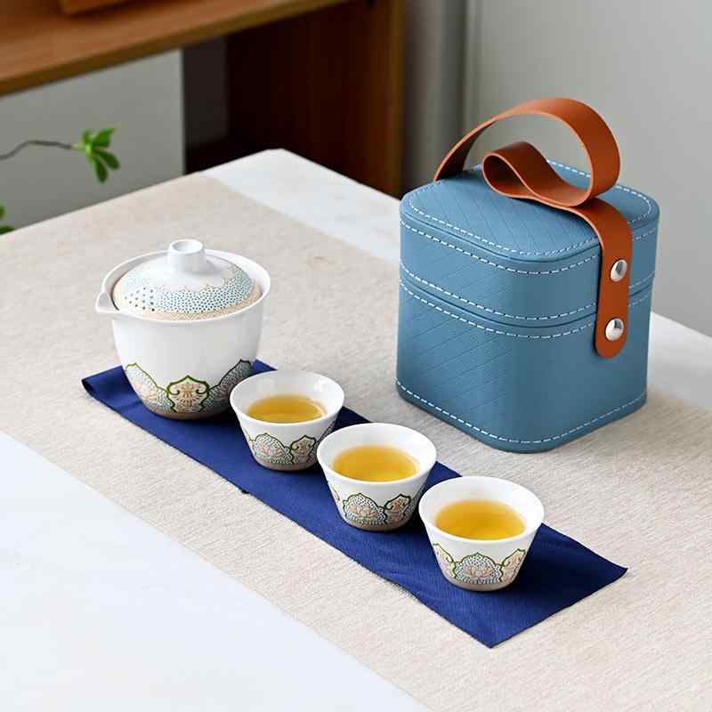 茶器 アウトドア 旅行 携帯用 茶器セット 陶器 ティーポット 茶器セット カンフー茶 ミニ茶器 湯呑み 湯飲み 汲出し碗 煎茶碗 持ち運び 日本風 ブラック ブルー ホワイト
