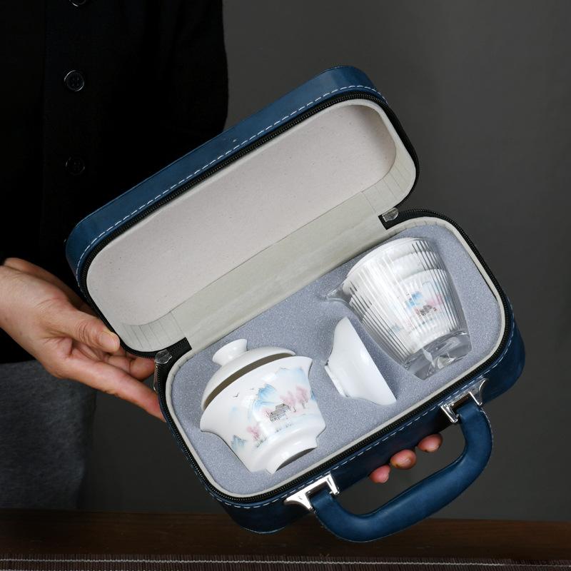 茶器セット 携帯用 茶道具 陶瓷 急須 湯呑み 3客 ティーセット 千里江山 藍蓮 釣り 桃源 金福 無地 シンプル