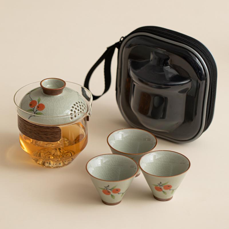 茶器 携帯用茶器セット 柿モチーフ 陶器 哥窑手绘 新中式スタイル 旅行 記念品 贈答品