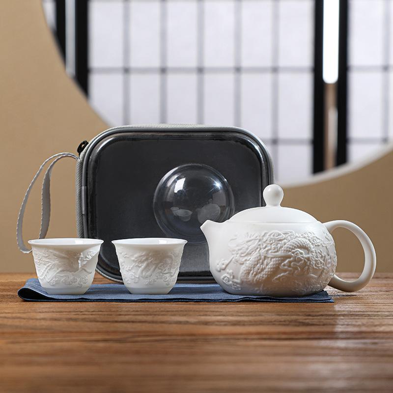 茶器 羊脂玉 浮き彫り 西施 鳳凰 龍鳳 呈祥 ティーポット 素焼き 陶器 功夫茶 旅行 茶具 セット