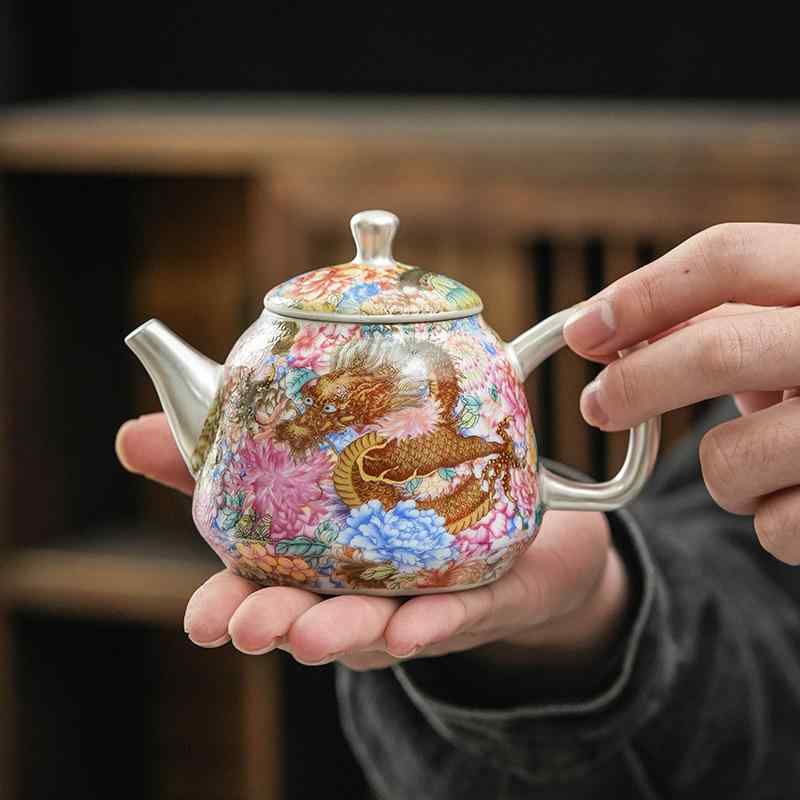 茶器 純銀 999 銀製 ティーセット 陶器 祥龍画 上品 工芸品 携帯用 旅行用 ギフト 誕生日 記念日 還暦祝い