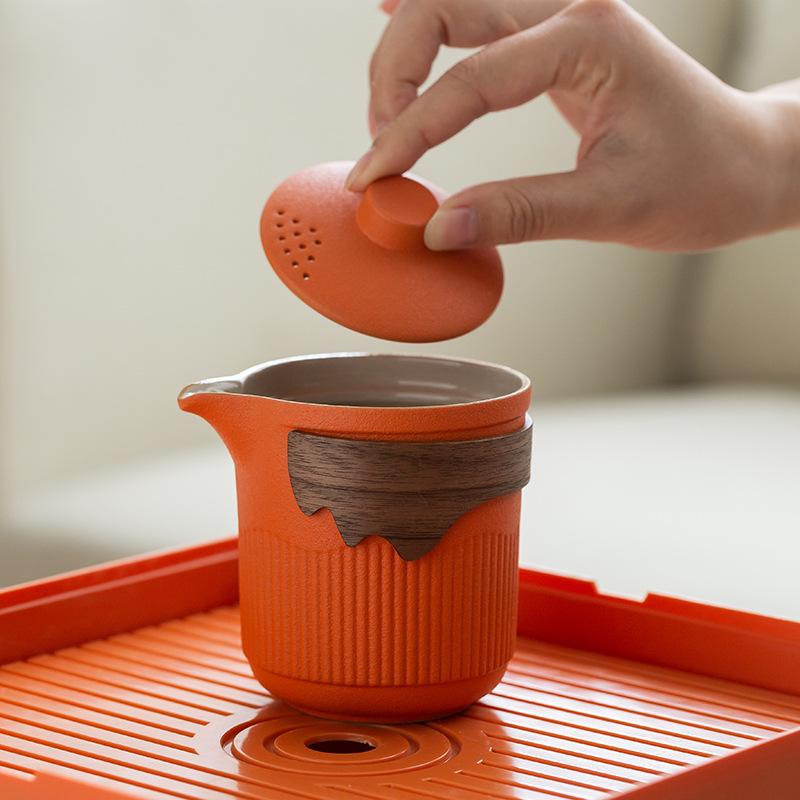 茶器 アウトドア 旅行用 茶器セット 携帯式 ティーセット セラミック 4客 ティーポット 収納バッグ付き 橙色 黄色 緑色 黒色
