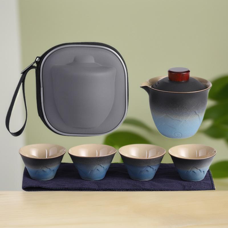 茶器 携帯用茶器セット 陶器 湯呑みセット 急須セット アウトドア 茶道 煎茶道具 収納ケース付き ミニ茶器セット 快客杯 山水柄 黄色 黒