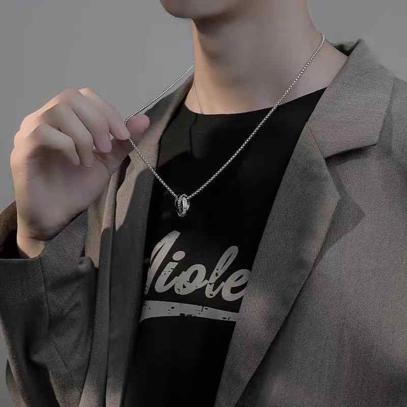 ネックレス メンズ レディース ステンレス ジルコニア ダブルリング ペンダント 韓国 ファッション 高級感 追光者 星屑 アレルギー対応