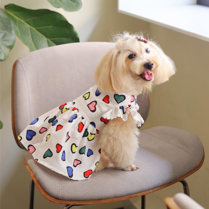 ペット服 犬 猫 兼用 ワンピース かわいい 愛心柄 小型犬 中型犬 適用 ポリエステル カラフル パーティー 普段使い