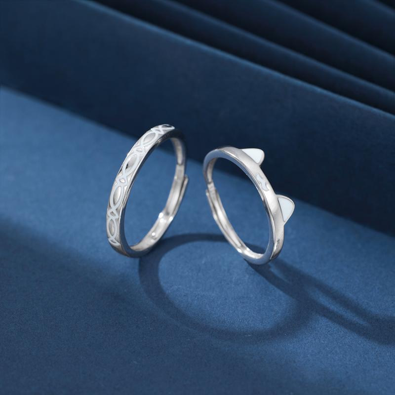 指輪 ペアリング レディース メンズ 猫 魚 S925 シルバー アニマル モチーフ かわいい 恋人 カップル 向け フリーサイズ 銀色 普段使い 蛍光 電気メッキ加工