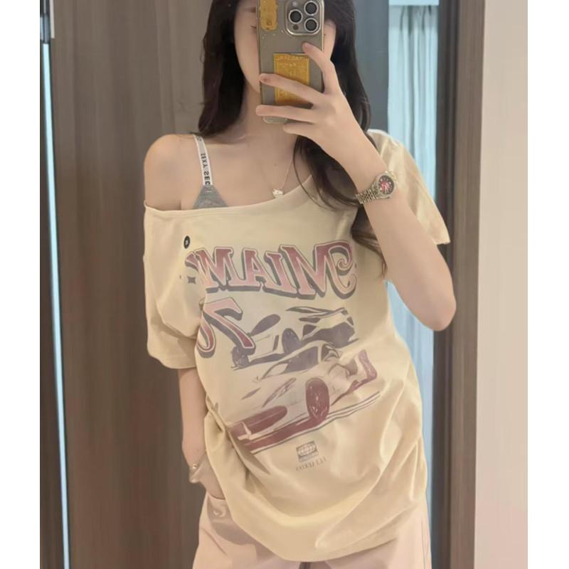 Tシャツ レディース 半袖 肩出し プリント 一文字襟 カットソー ゆったり トップス 通勤 ホワイト レッド ピンク系