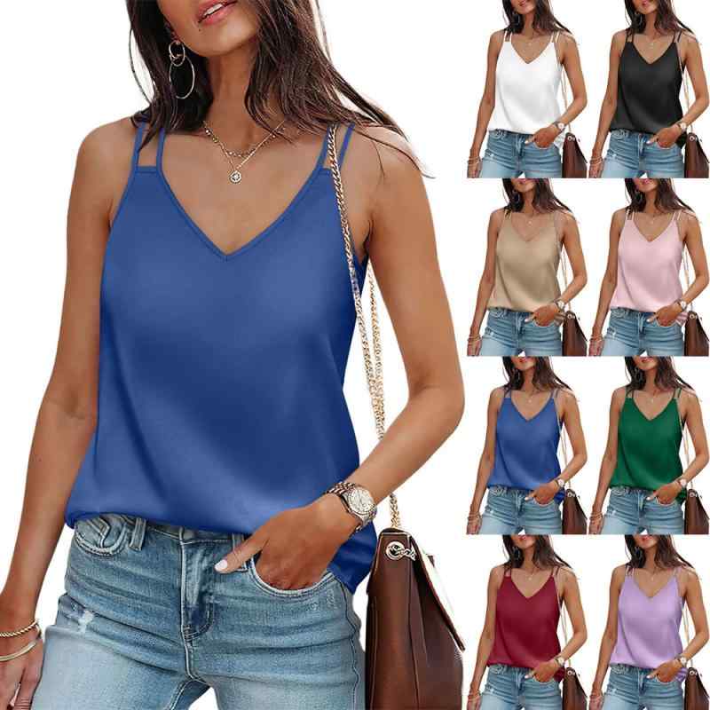 Tシャツ レディース ノースリーブ Vネック 無地 ポリエステル タンクトップ カットソー トップス ストリート 普段使い 重ね着 シンプル ベーシック カジュアル 白 黒 シャンパン ピンク グリーン ブルー レッド パープル