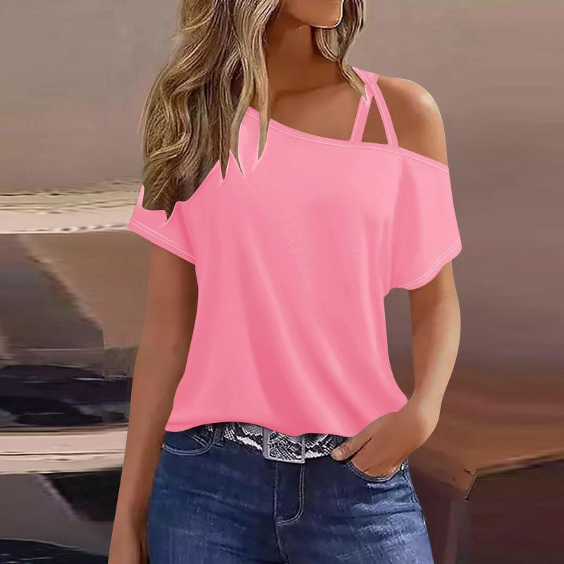 Tシャツ レディース 半袖 斜めネック 幾何学模様 接触冷感 ポリエステル 伸縮性 カットソー トップス 春夏 カジュアル