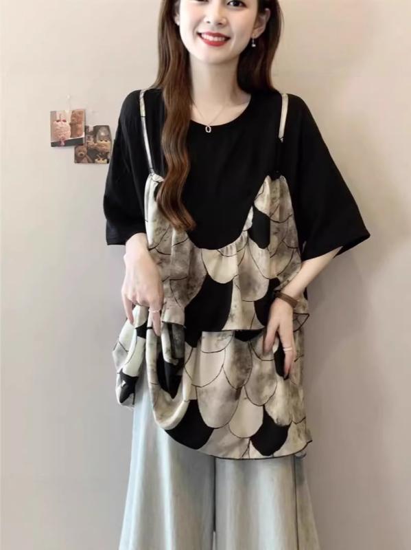 Tシャツ レディース 大きいサイズ 半袖 切り替え チュニック丈 ゆったり 接触冷感 ポリエステル混紡 普段使い 快適 幾何学模様 ボヘミアン