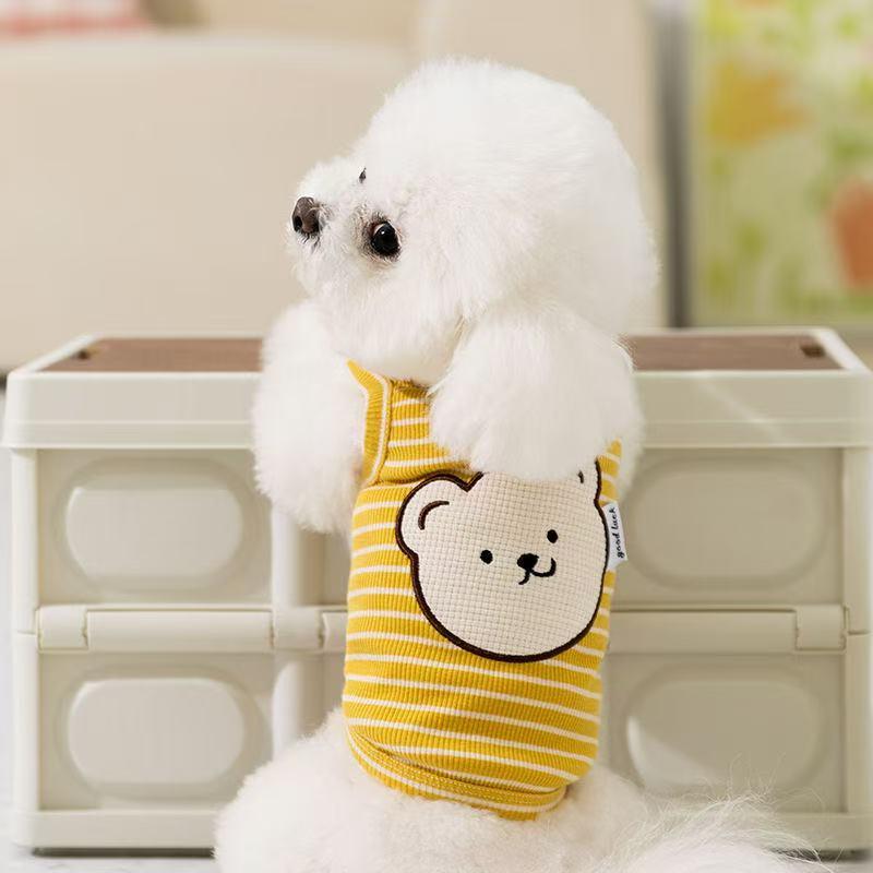 ペット服 春夏 かわいい 小熊 ストライプ 牽引 ベスト 小型犬 超小型犬 パピー 2脚 通気性 ポリエステル イエロー ブルー XS S M L XL
