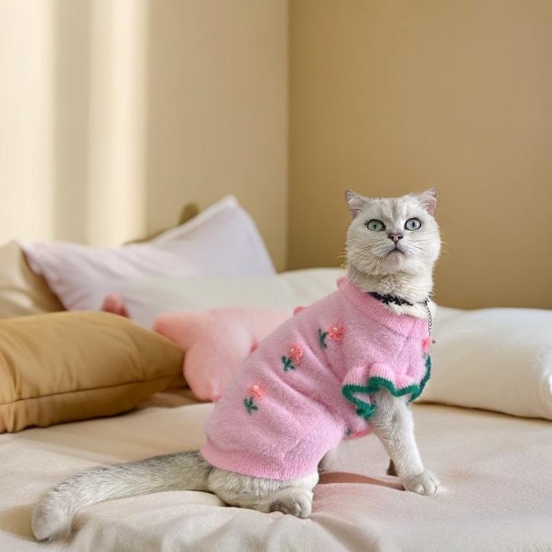 ペット服 毛糸のセーター 猫 犬用 淡ピンク 水色 XS S M L XL XXLサイズ 加厚 保温 かわいい花柄 プリ..