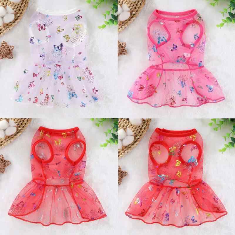 犬服 猫服 春夏 ワンピース 小型犬 猫 メッシュ スカート かわいい 蝶飾り レッド ピンク パープル ペット服 ドッグウェア キャットウェア