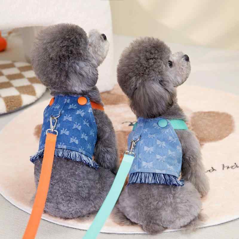 T-Shirts - ペット服 レディース ワンピース 春夏 小花 犬 猫 デニム かわいい リボン ビションフリーゼ テディ 浅色ブルー