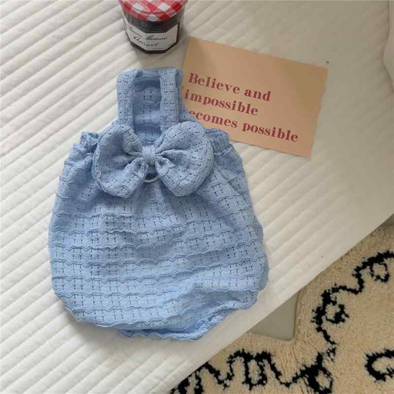 ペット用ワンピース 春夏 猫 犬 服 伸縮性 ニット パフスリーブ チュールスカート ブルー ホワイト