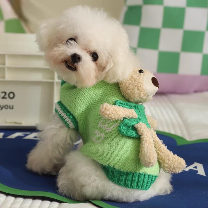 ペット服 犬 春秋冬 ニット セーター 小型犬 テディ ポメラニアン かわいい 小熊 緑 XS S M L XL