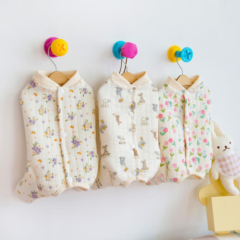 ペット服 犬 猫 全棉 包み込み型 腹巻き付き 薄手 中綿入り 腹部保護 防寒 室内 四脚 パジャマ 紫 灰色..