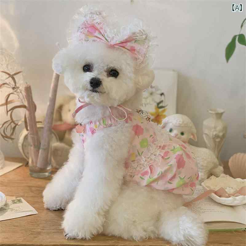 シャドーテールの犬 服 ペット服 シュナウザー ポメラニアン テディ 猫 夏 プリント ワンピース スカート + ヘアアクセサリー 小型犬 中型犬 ピンク系 ブルー系 かわいい 公主｜アングル2