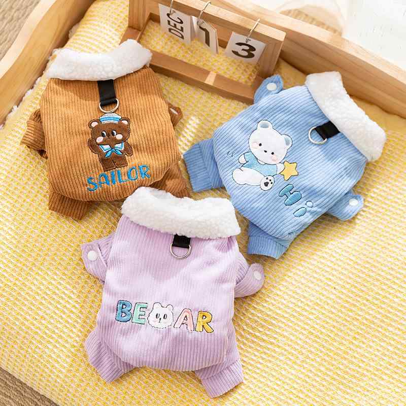 ペット服 犬 猫 小型犬 四脚 厚手 コーデュロイ 綿 あったか 邦迪藍 塞伦紫 洛米棕 ポリエステル