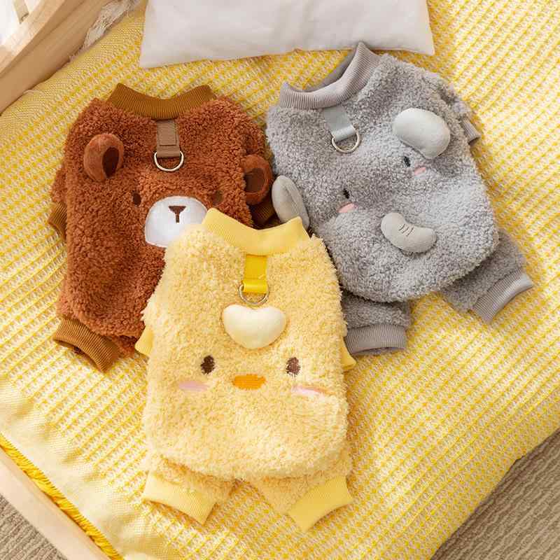 ペット服 小型犬 秋冬用 暖かいフリース かわいい動物 犬服 ハーネス リード穴付き XS S M L XL XXL イ..