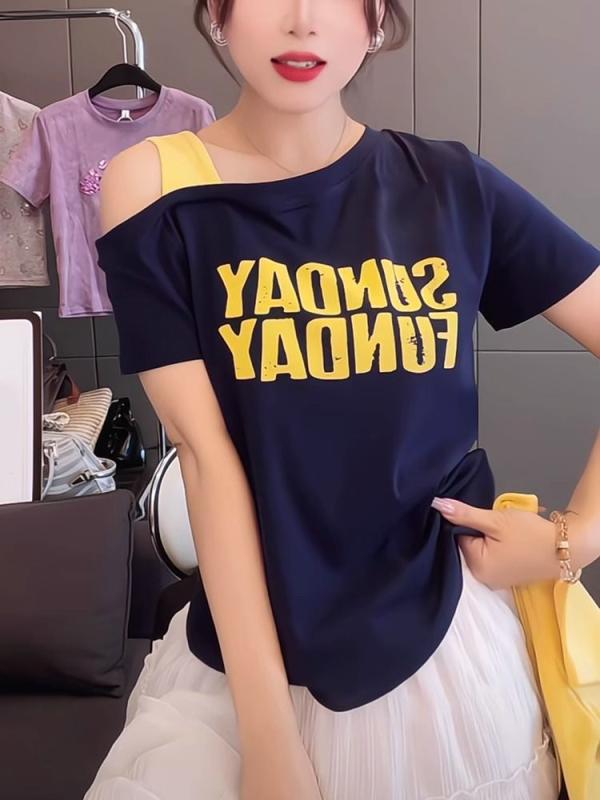 Tシャツ レディース 半袖 肩出し アルファベット柄 コットン ゆったり スリム カットソー トップス 春夏 かわいい カジュアル